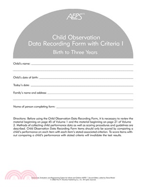 Child Observation Data Recording Form for Birth to Three Years (Pack of 10)