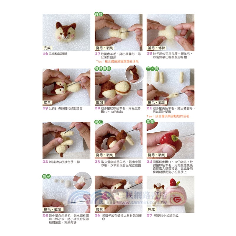 可愛無法擋！宅在甜點の羊毛氈Q萌小動物：松鼠小乙的草莓蛋糕卷（附羊毛氈超值全材料包套組）