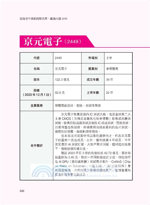 股海老牛最新抱緊名單，贏過大盤20％：跌了也不賣、算出便宜價才買、先知道好題材50檔抗震盪的致富私藏股大公開。 三民網路書店 5805