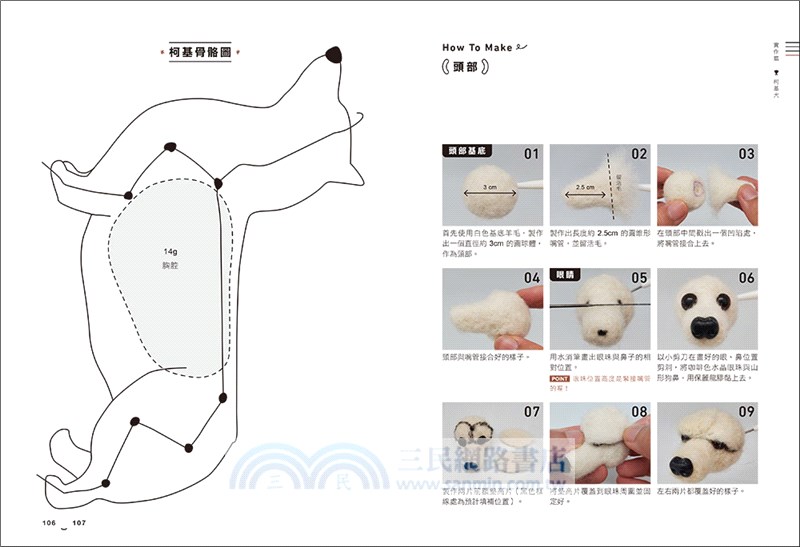 艾蜜莉的萌系動物羊毛氈【狗狗篇】：骨架ｘ塑形ｘ植毛全技巧圖解，戳出蓬鬆柔軟的可愛毛孩（附原寸對照圖）